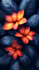 Obraz premium Tropical Floral Phone Wallpaper – Orange & Pink Flowers with Dark Blue Leaves | HD Vertical Vibrant Design