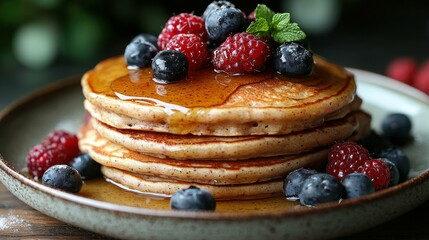 Stack of whole-grain pancakes drizzled with syrup, topped with fresh raspberries, blueberries and mint leaves.