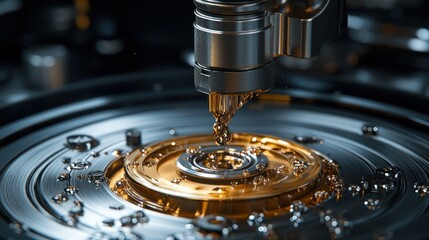 Precision engineering of intricate mechanism.  A high-speed drill or tool precisely working on a complex, gold-toned disc