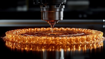 Precision machining fluid application.  A high-tech machine precisely applies a  golden liquid, creating intricate ripple patterns on a surface