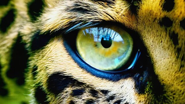 leopard eye closeup through lush green foliage capturing Panthera pardus natural gaze in vivid wild beauty