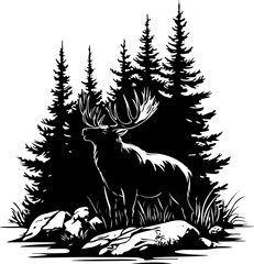 Obraz premium Moose Designs, vector, animal, illustration, tattoo, tree, silhouette, forest, black, art, nature, deer, tribal, wild, design, symbol, christmas, bird, logo, head, mammal, dragon, horse, drawing, patt