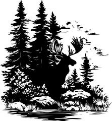 deer, tree, silhouette, animal, vector, nature, illustration, christmas, forest, art, wild, landscape, design, night, animals, wildlife, grass, winter, black, sunset, card, drawing, mammal, reindeer, 