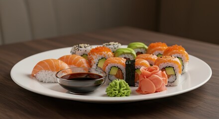 Delicious sushi platter with wasabi and soy sauce on a wooden table  