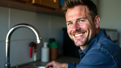 A portrait of an experienced plumbing that sets a crane on the sink. He smiles amiably, and in the background blur, copy space