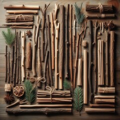 Obraz premium A creative arrangement of natural wooden sticks, twigs, and greenery, perfect for rustic, eco-friendly, or DIY-themed projects.