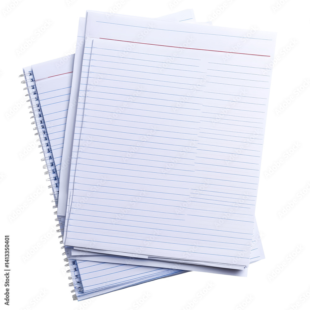Poster a stack of lined paper sheets on a transparent background ideal for writing notes, assignments, or c