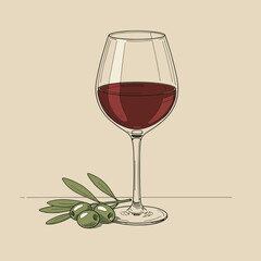 Line-art illustration of a glass of red wine with olives in classic Mediterranean style on beige backdrop