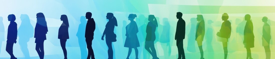 Abstract vector banner with silhouettes of people, blue and green gradient background, people standing in a row, diversity concept Generative AI
