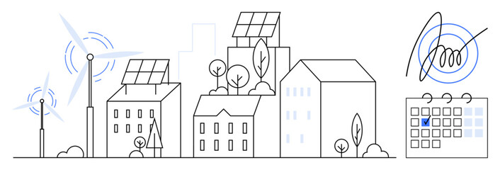 Urban buildings with solar panels, wind turbines, trees, calendar with marked date, energy efficiency concepts. Ideal for urban planning, renewable energy, sustainability, eco-living future cities
