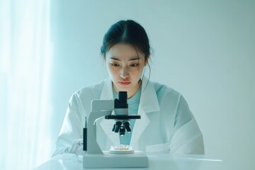 A female scientist in a lab coat intently examines a specimen under a microscope, engrossed in scientific research.