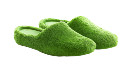 A cozy green  fur slipper with a soft, plush lining that wraps your feet in warmth and comfort, perfect for lounging in style isolated on white background or transparent png 