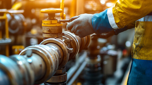 Offshore worker maintaining equipment during routine checks on the oil platform. Featuring equipment maintenance