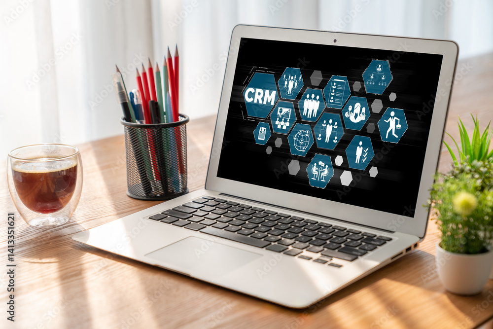 Poster customer relationship management system on modish computer for crm business and enterprise