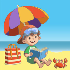 Boy Reading Book on Beach in Summer Vacation, Vector Illustration