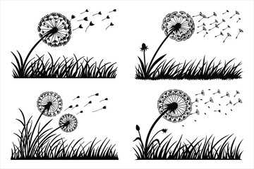 Spring silhouette of a dandelion with seeds flying in the wind