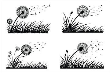 Spring silhouette of a dandelion with seeds flying in the wind