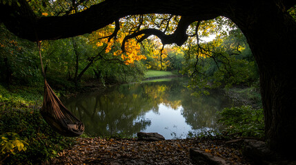 Tranquil forest pond serene nature landscape photograph
