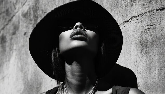 Woman wearing a hat looking up in black and white against a wall. - Powered by Adobe