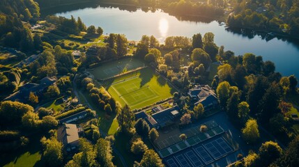 Lakeside Estate: Aerial View of Lush Green Fields, Tennis Courts, and Elegant Homes
