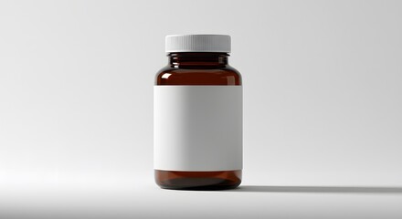 Amber glass bottle with a white label on a white background, casting a slight shadow to the right.