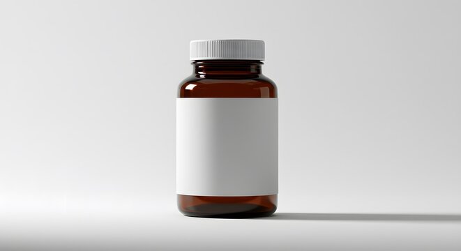 Amber glass bottle with a white label on a white background, casting a slight shadow to the right.