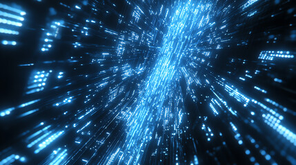 Obraz premium Futuristic fiber optic light strands glowing blue and white, symbolizing high-speed communication networks and advanced digital connectivity in a sci-fi tech theme