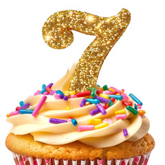 Golden glitter number "7" cupcake topper stuck in a frosted cupcake with colorful sprinkles, ultra realistic, isolated on white background