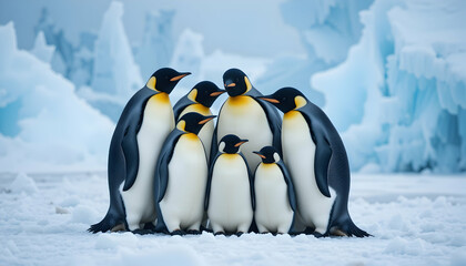 Obraz premium Emperor Penguins Huddle Together in Antarctica's Icy Landscape