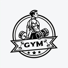 Vintage Bodybuilder Gym Logo with Dumbbells Monochrome Fitness Emblem.