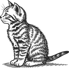 Hand-Drawn Illustration of a Cute Sitting Striped Cat in Profile View