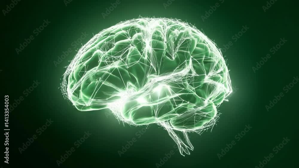 Poster a neural network brain on green screen with clean contours, optimized for visual overlays and scienc