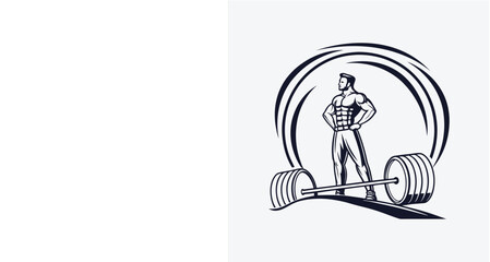Vintage Bodybuilder Gym Logo with Dumbbells Monochrome Fitness Emblem.