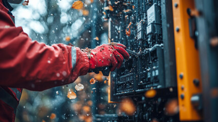 Worker adjusting machinery in snow-covered environment  