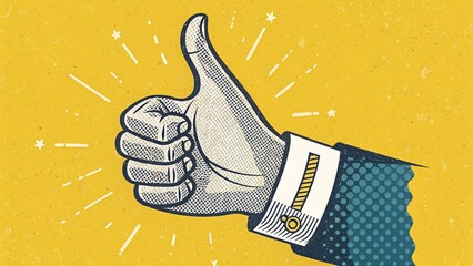 Halftone hand collage element with thumbs up against bold yellow textured background with copy space. Okay, okay, okay, like sign. Cut from magazine shape. Grunge modern retro vector illustration