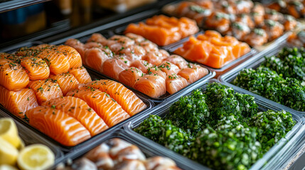 Fresh Salmon Fillets and Greens Displayed at Fish Market  
