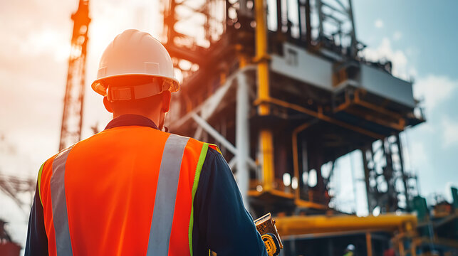 Offshore worker preparing oil rig for a new drilling operation. Featuring operational preparation