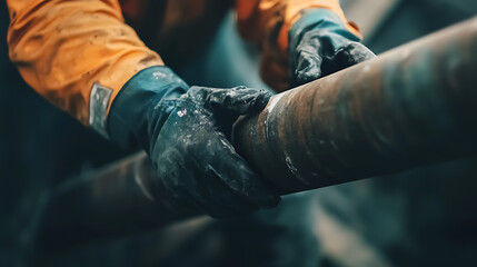 Fototapeta premium Offshore worker repairing a damaged drill pipe on an oil rig platform. Featuring drill pipe repair