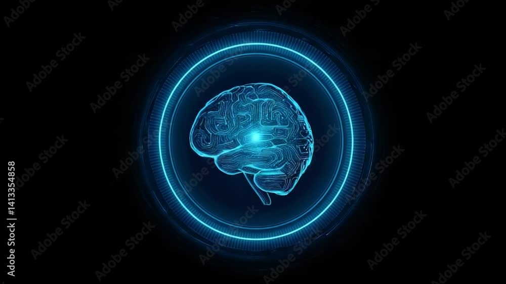 Poster digital brain: a stylized digital rendering of the human brain glowing in a blue ring, symbolizing c