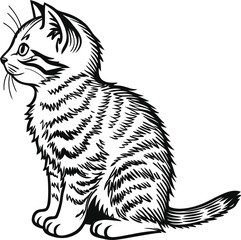 Hand-Drawn Illustration of a Cute Sitting Striped Cat in Profile View