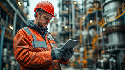 Obraz premium Industrial worker using tablet in factory environment 