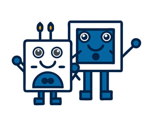 Fototapeta premium Friendly robots smiling and celebrating against a white background 