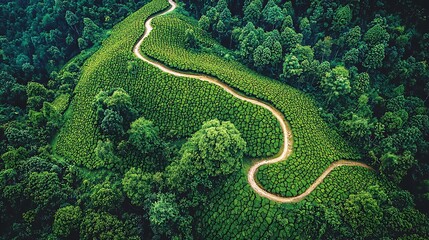 Winding road through lush green hills.  A scenic, curving path meanders through a vibrant tea plantation,