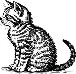 Hand-Drawn Illustration of a Cute Sitting Striped Cat in Profile View