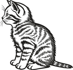 Hand-Drawn Illustration of a Cute Sitting Striped Cat in Profile View