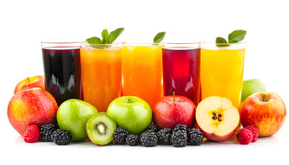 Delicious apple juice and fresh fruits isolated on white