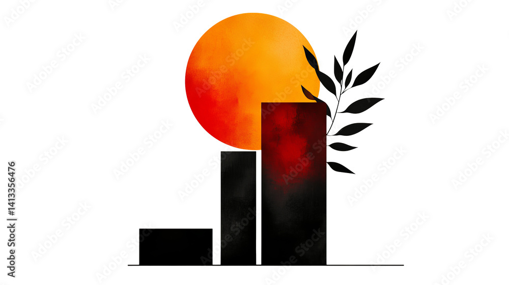 Poster abstract shapes and an orange circle are displayed against a solid black background with some leaves
