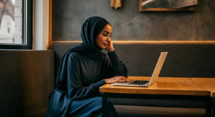 Young asian female in hijab working on laptop in cozy caf? setting