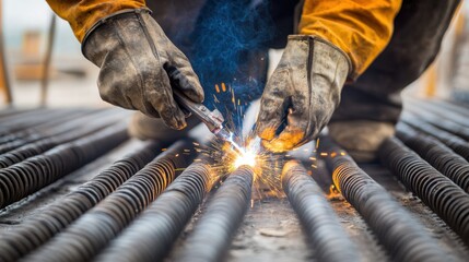 Construction worker using a welding torch to join metal pieces. Featuring skill and precision