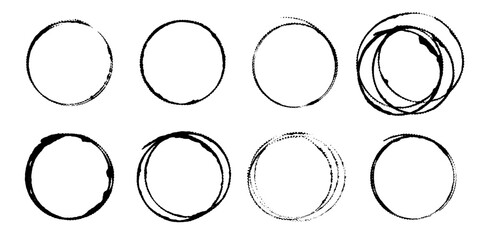 Set of eight circles drawn by hand with brush outline in black paint with jagged uneven edges. Vector illustration of circular prints from cup of coffee, twisted wire.